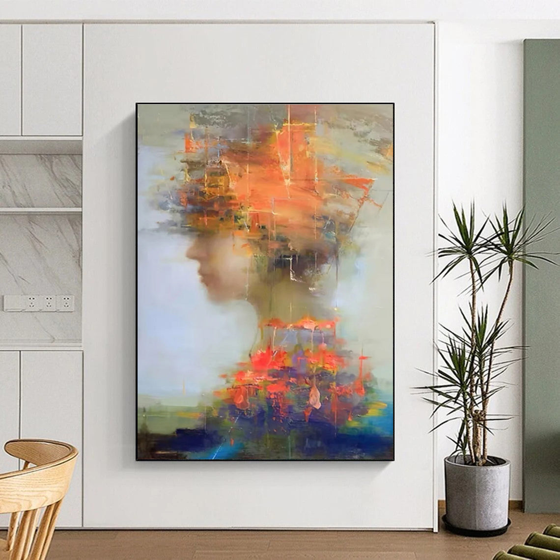 Abstract Figure with Colorful Overlays Painting for Expressive Interiors HENG318