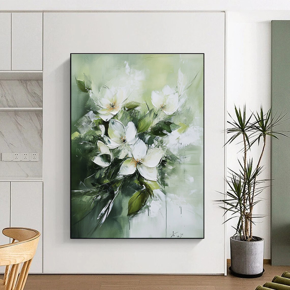 White Flowers on Green Abstract Painting for Elegant Tea Rooms GAB0830