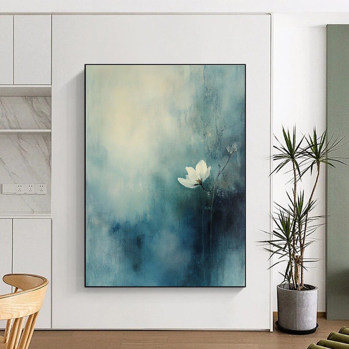 Solitary White Flower Abstract Painting for Serene Bedrooms GAB1101