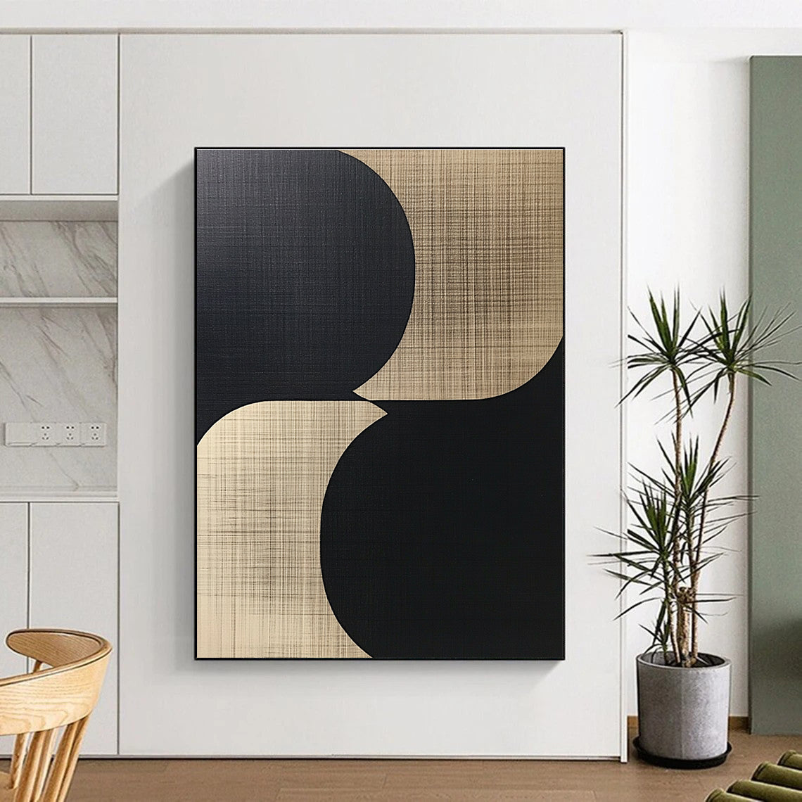 Circular Beige and Black Abstract Painting with Subtle Textures WINK839
