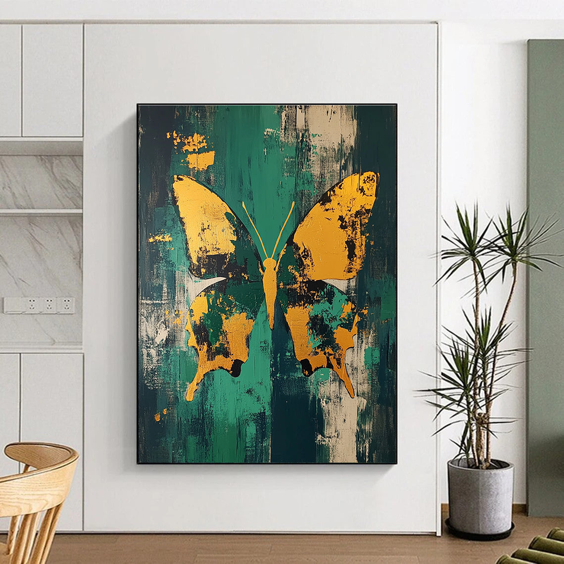Golden Butterfly on Green Abstract Painting for Lively Interiors GAB0693