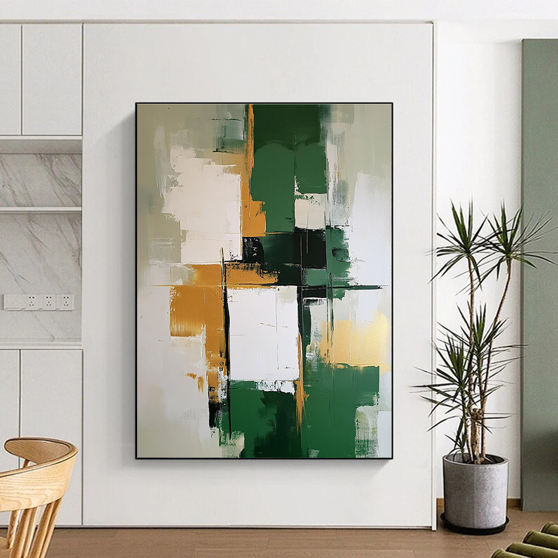 Green Gold White Abstract Painting with Balanced Harmony WINK679