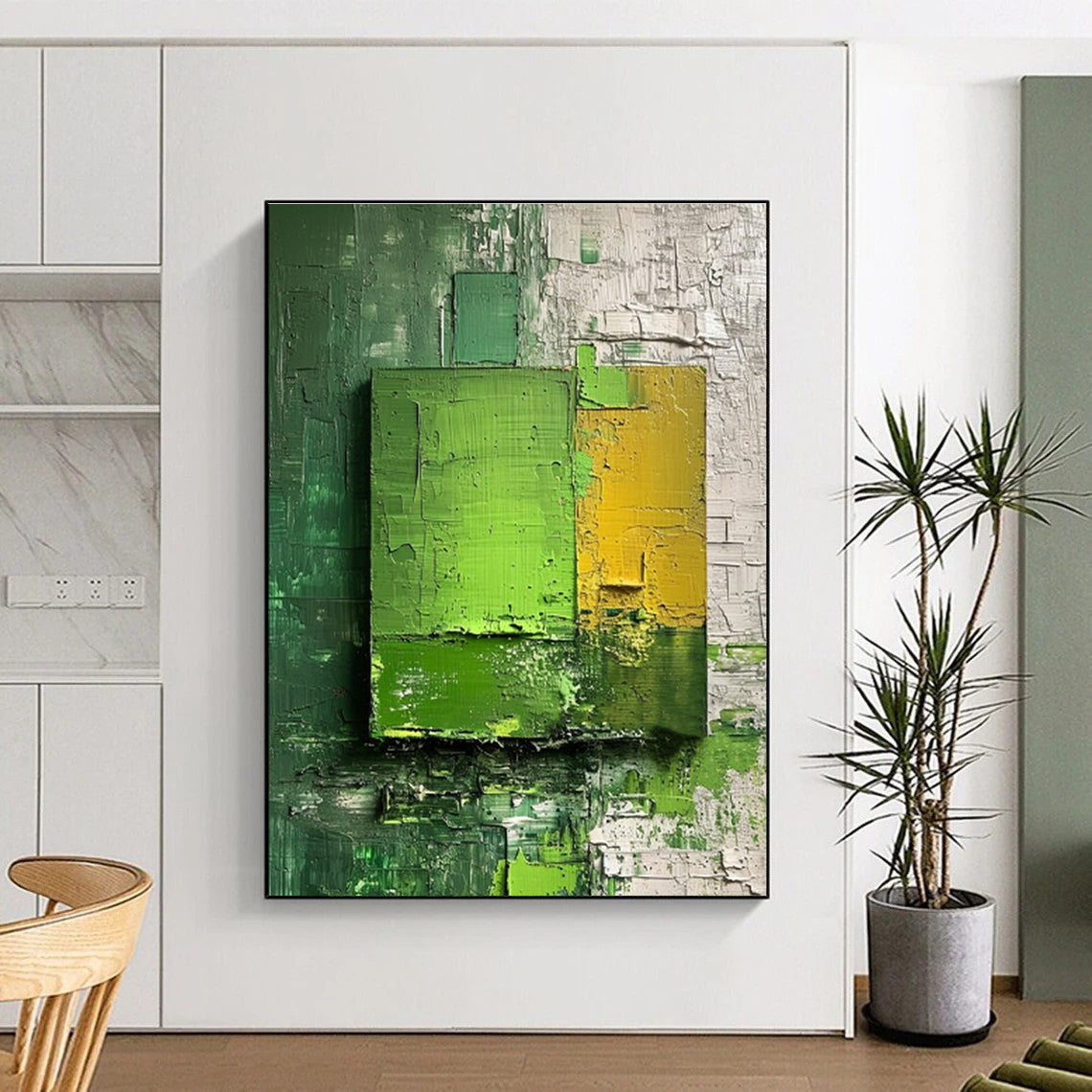 Green and Yellow Textured Squares Abstract Painting for Modern Dining Rooms HENG030