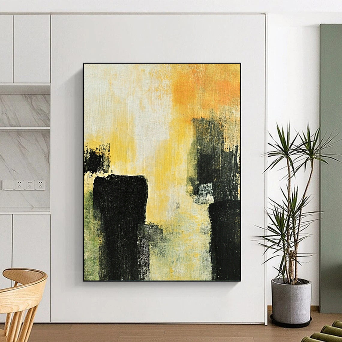Yellow - Black Abstract Forms Painting with Dramatic Contrast WINK433