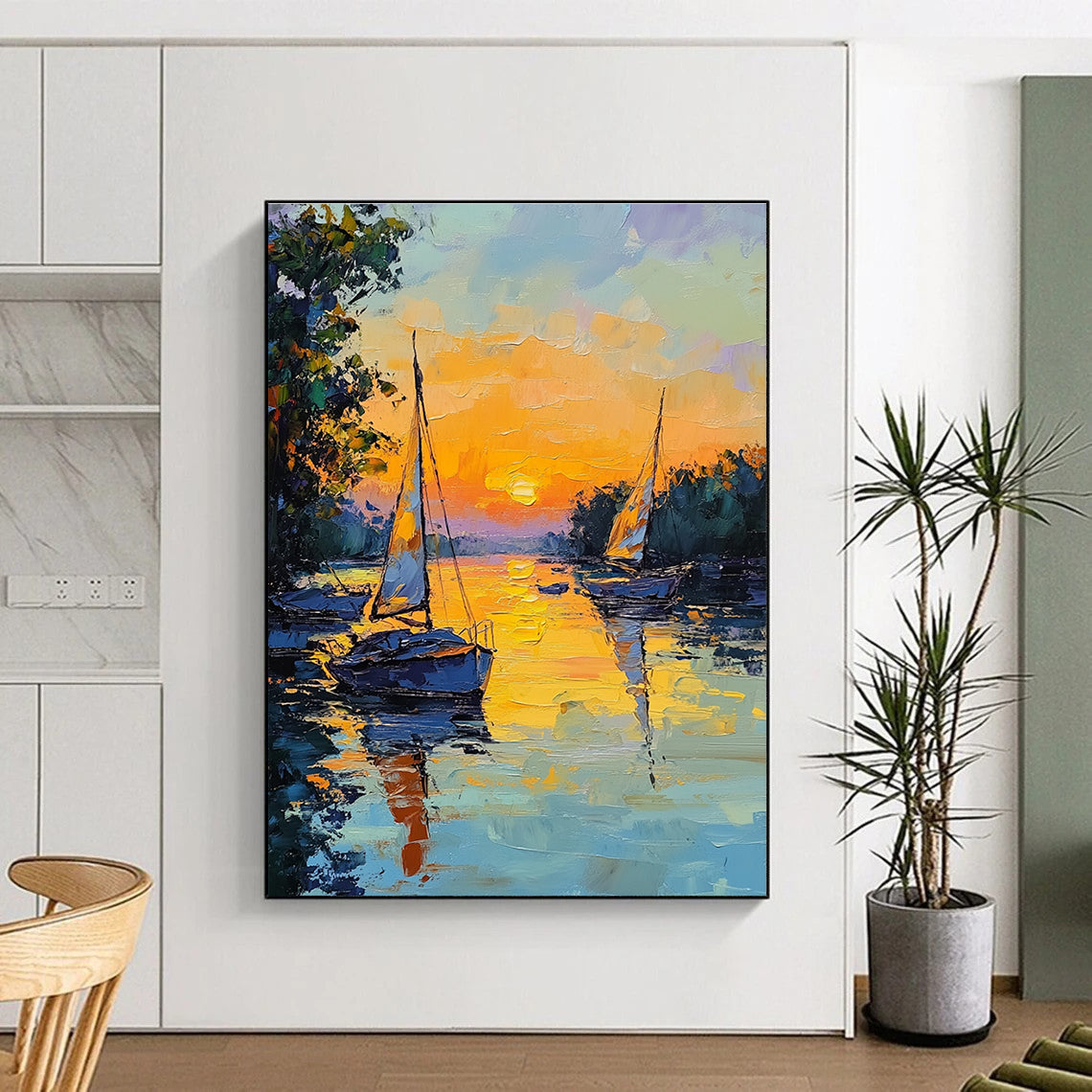 Sunset Sailboats on River Impressionistic Abstract Painting for Relaxing Spaces GAB1463