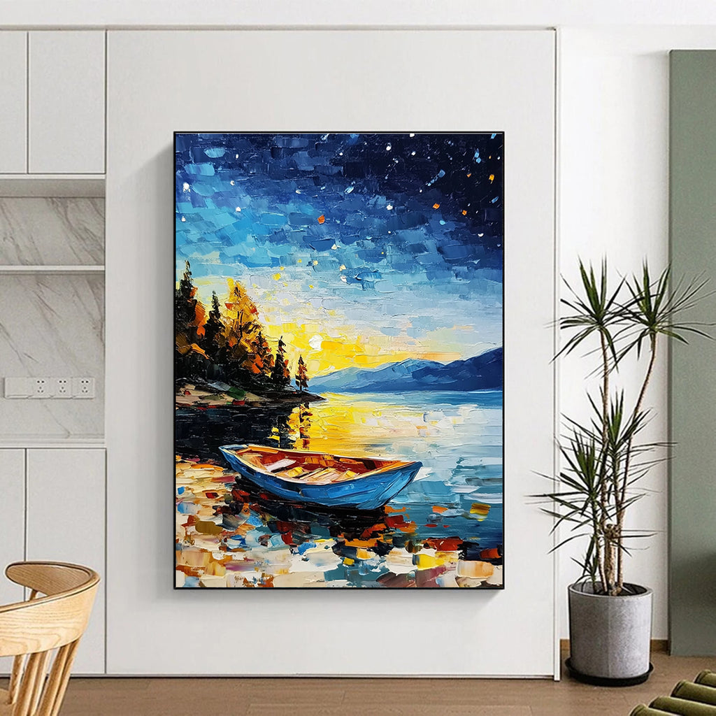 Colorful Lake at Night Abstract Painting for Nautical - Themed Living Rooms GAB1293