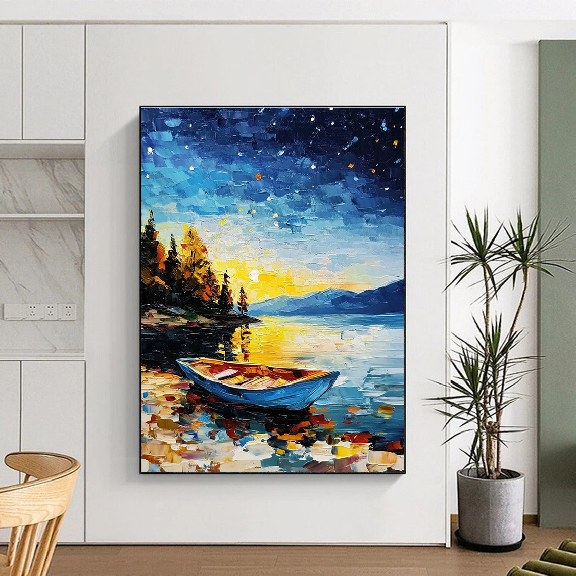 Colorful Lake at Night Abstract Painting for Nautical - Themed Living Rooms GAB1293