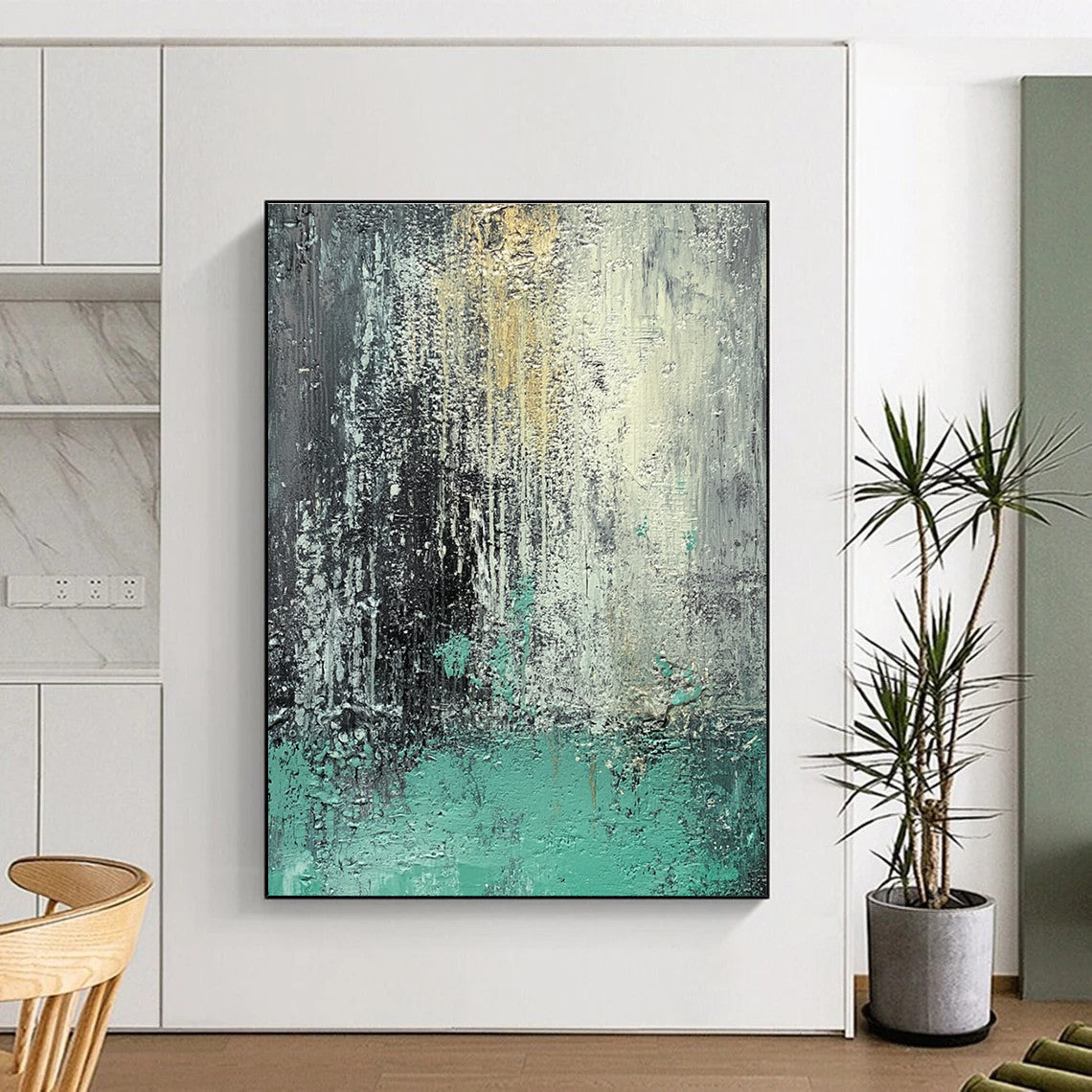 Gray and Teal Dripping Abstract Painting with Dynamic Fluidity WINK287