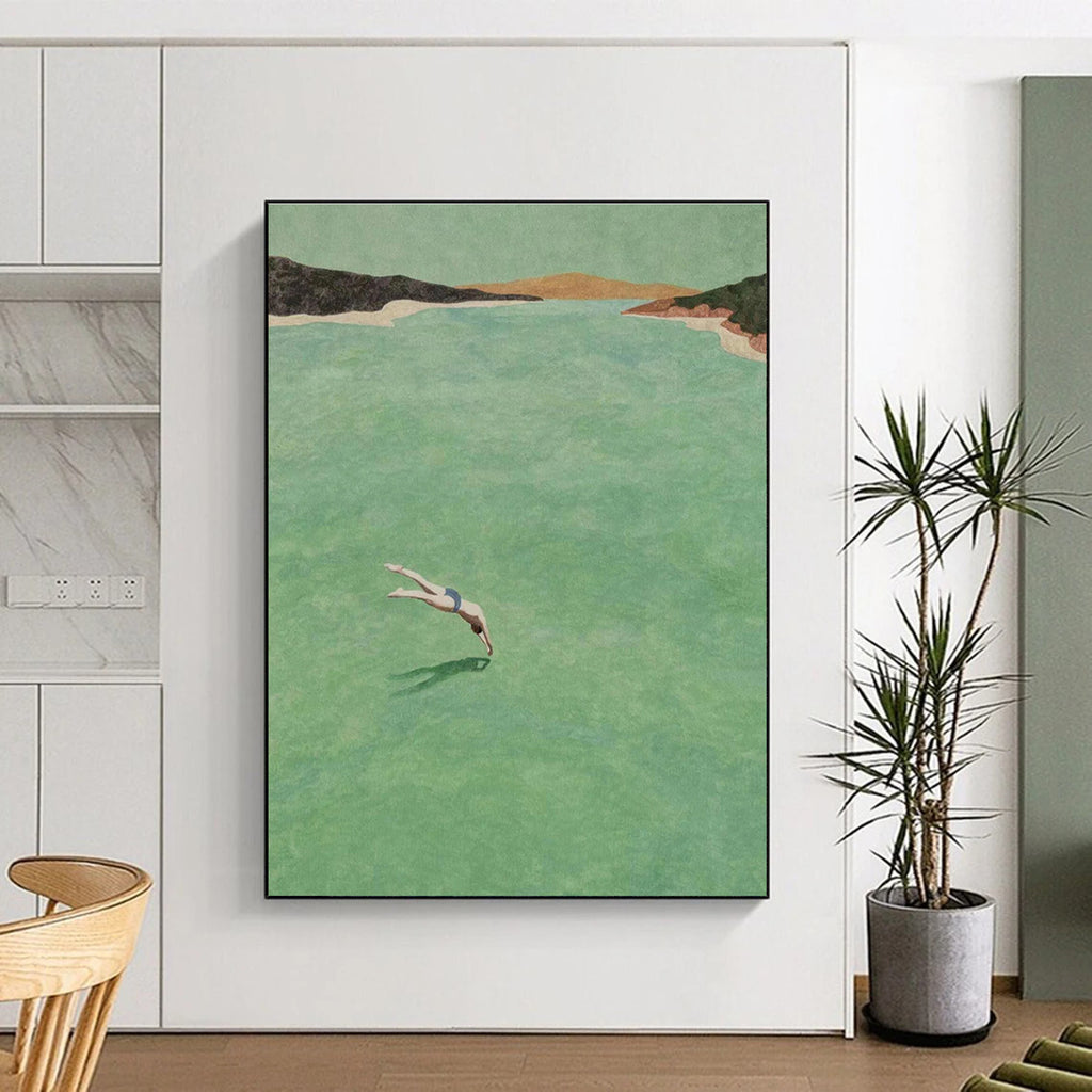 Diver in Green Water Figurative Painting for Nature - Inspired Spaces HENG304