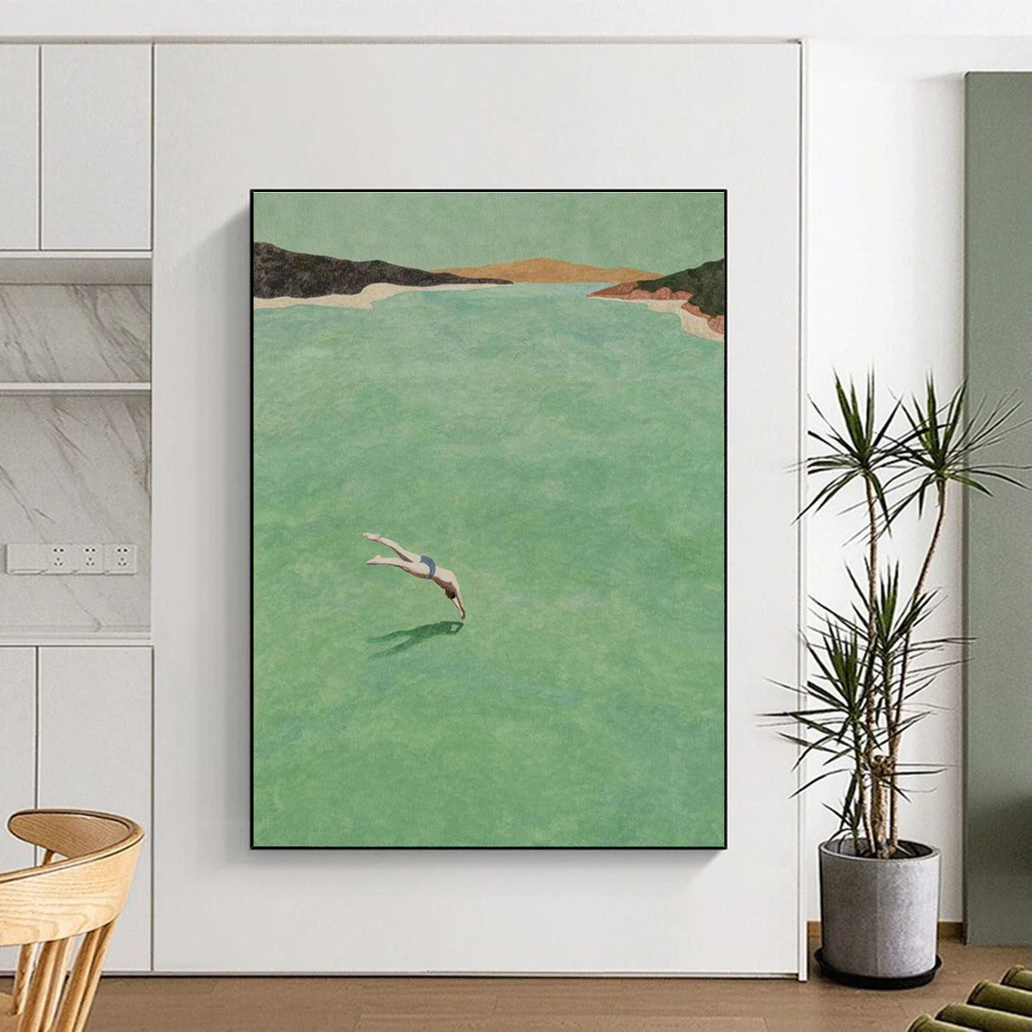 Diver in Green Water Figurative Painting for Nature - Inspired Spaces HENG304