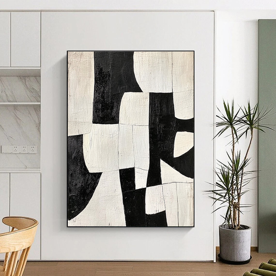 Black - and - White Patchwork Abstract Painting with Bold Contrast WINK323