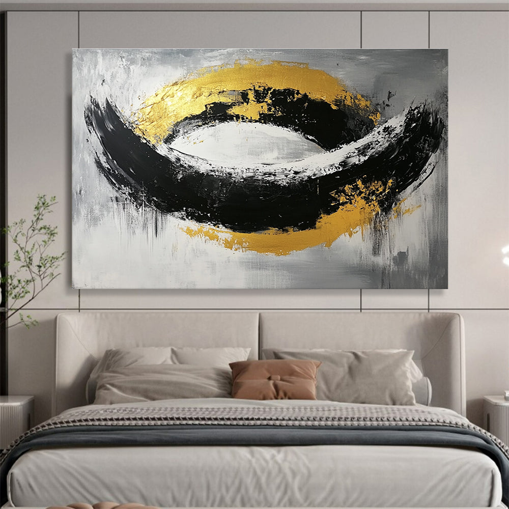Black, White, and Gold Abstract Painting with Bold Shapes ABS296