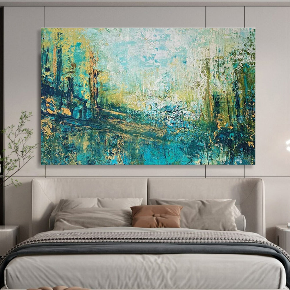 Turquoise and Gold Abstract Forest Painting for Nature - Loving Home Offices YHT343