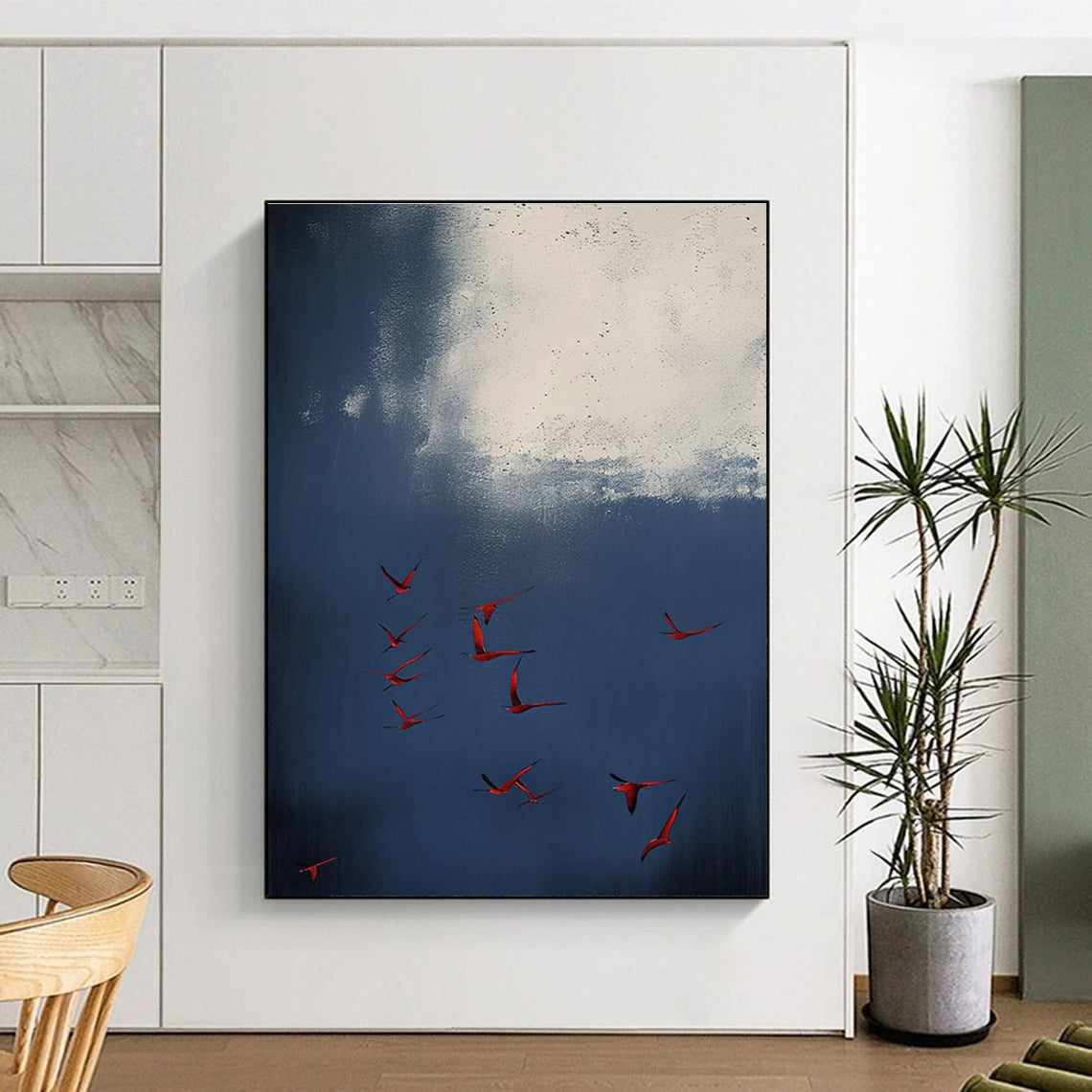 Red Birds in Blue Sky Abstract Painting for Nature - Inspired Living Rooms HENG500