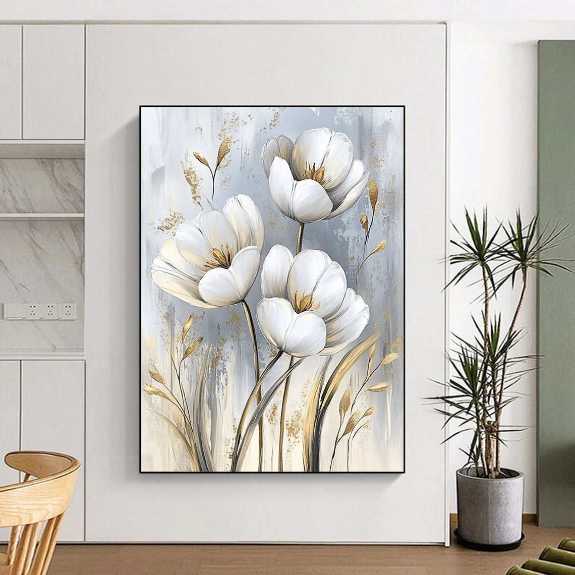 White Tulips with Gold Chic Abstract Painting for Modern Living GAB1526