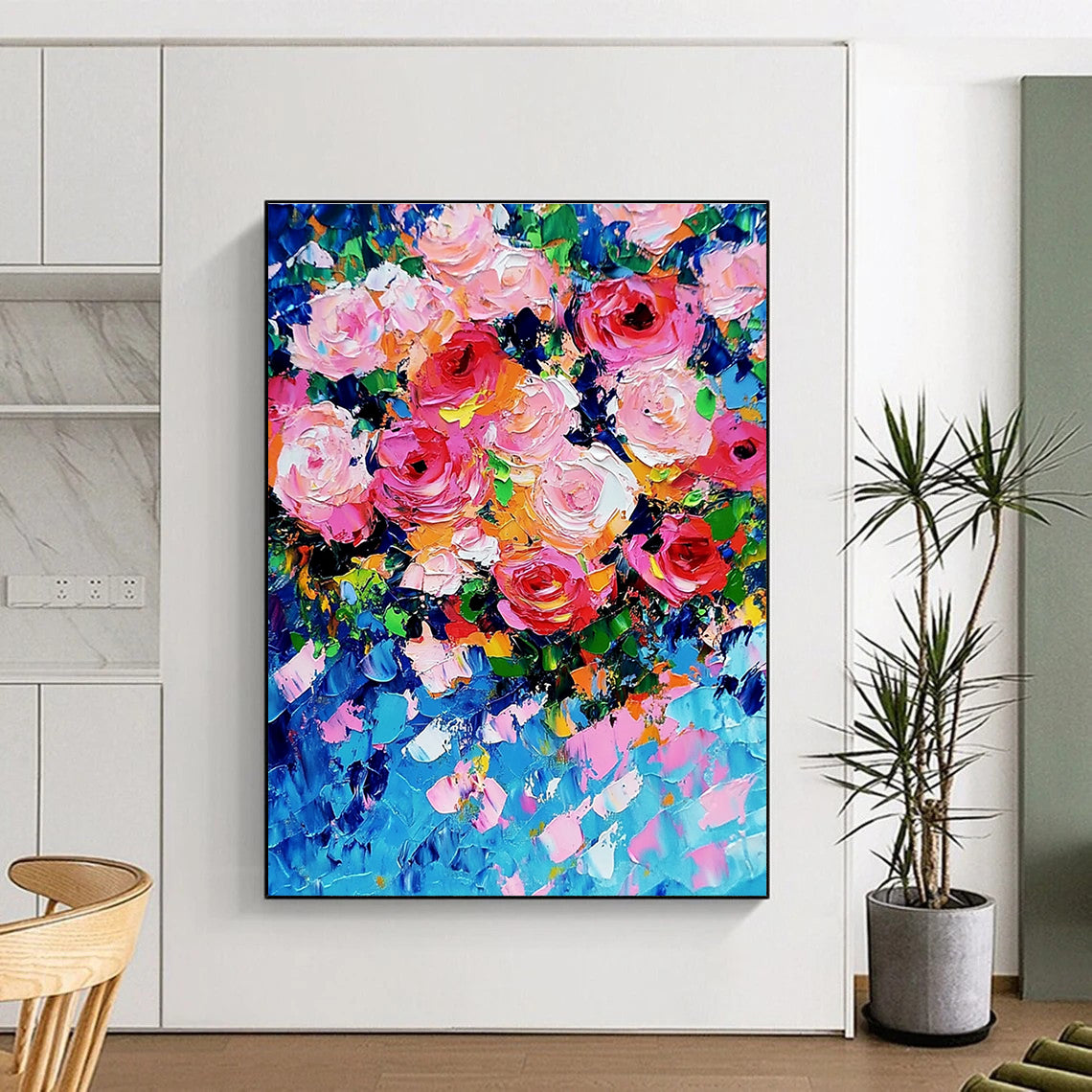Bold Pink Rose Bouquet Abstract Painting of Passionate Blooms GAB0161