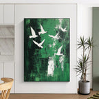 White Birds on Green Abstract Painting for Contemporary Garden Galleries GAB0827