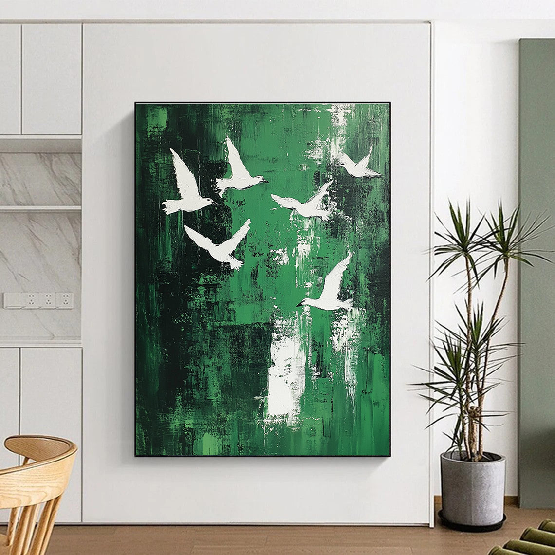 White Birds on Green Abstract Painting for Contemporary Garden Galleries GAB0827