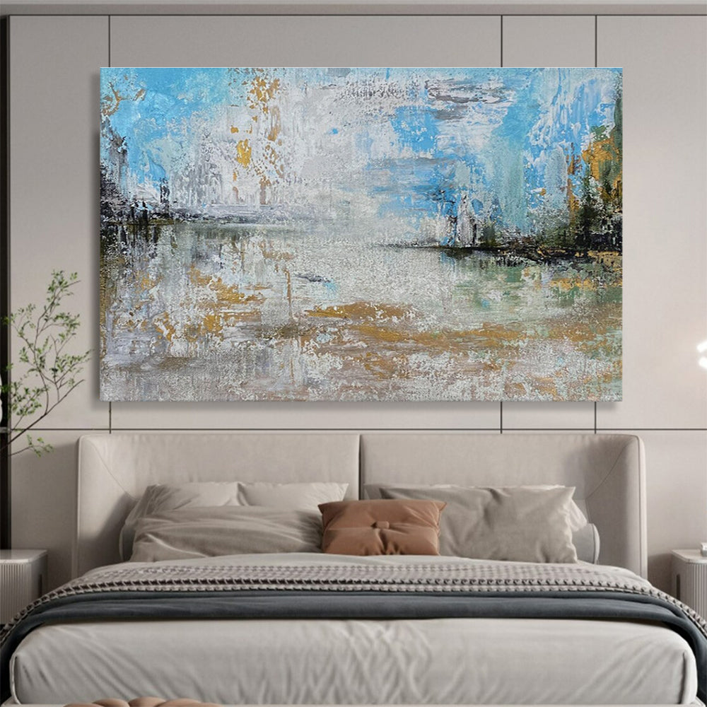 Light Blue and Gold Abstract Lake Painting for Lakeside Vacation Homes YHT348