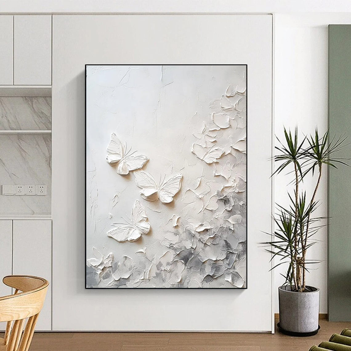 White Textured Butterflies Abstract Painting for Whimsical Nurseries HENG448
