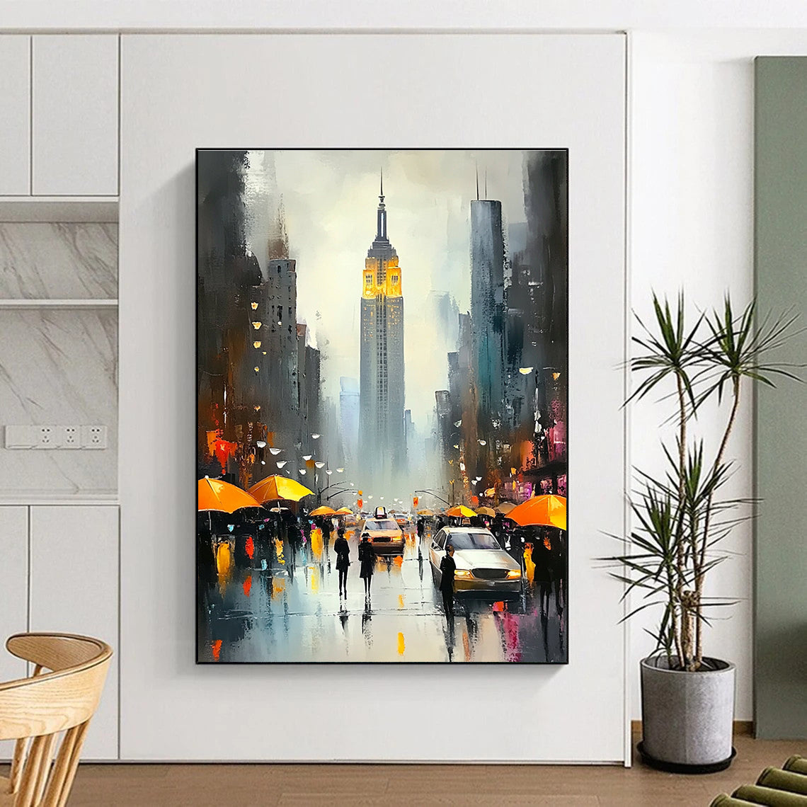 Rainy City Street with Umbrellas Romantic Urban Abstract Painting GAB0287