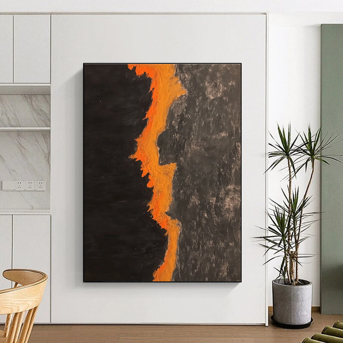 Black and Orange Lava Abstract Painting with Flowing Forms WINK834
