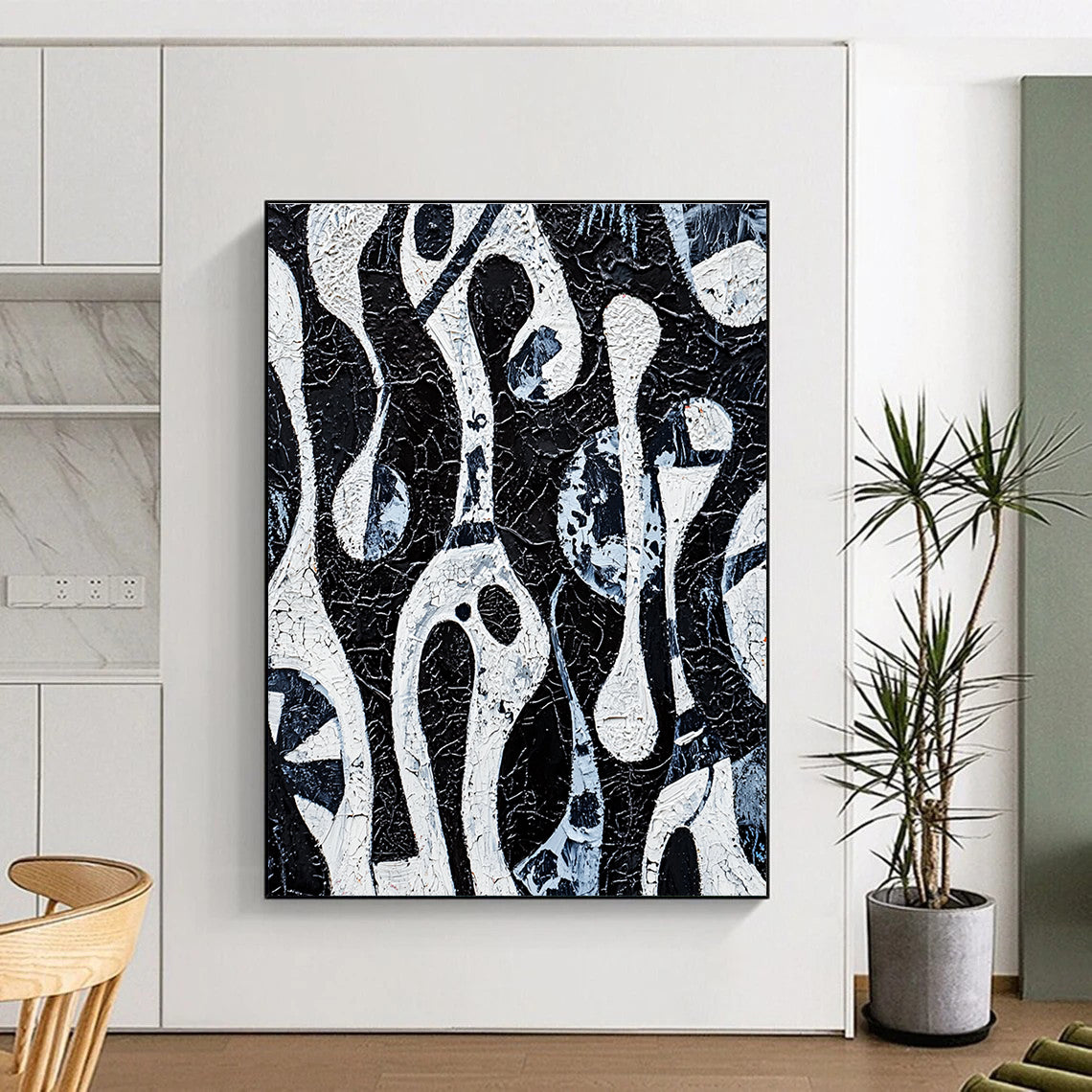 Black and White Flowing Forms Abstract Painting with Intricate Textures GAB0057