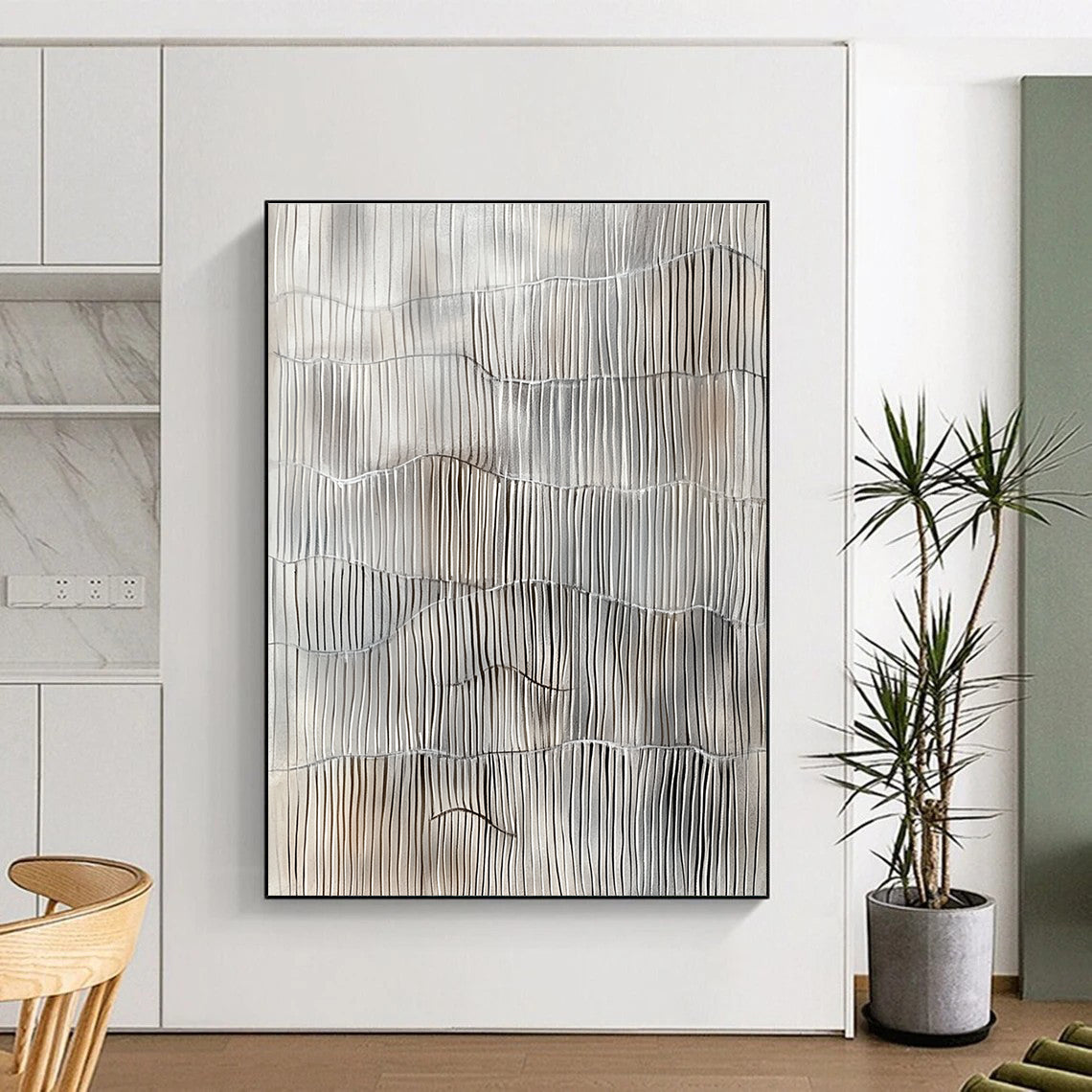 Silver and Gray Wavy Lines Abstract Painting with Subtle Rhythm WINK105
