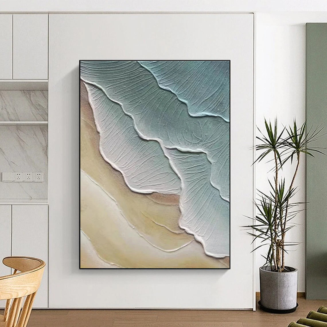 Textured Leaf - Like Abstract in Green and Beige Painting for Nature - Themed Spaces HENG342