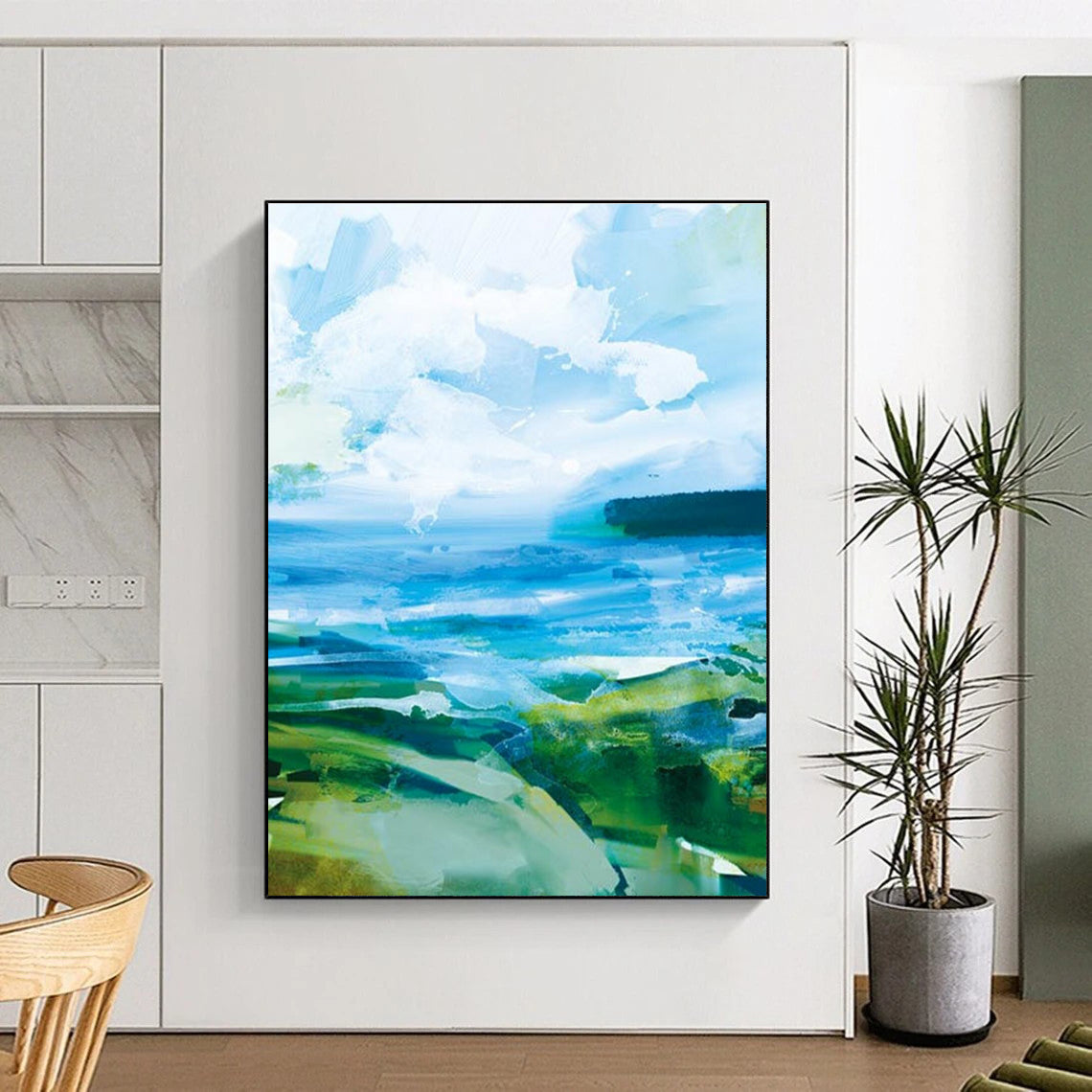 Vibrant Blue - Green Landscape Abstract Painting for Nature - Inspired Cafés HENG183