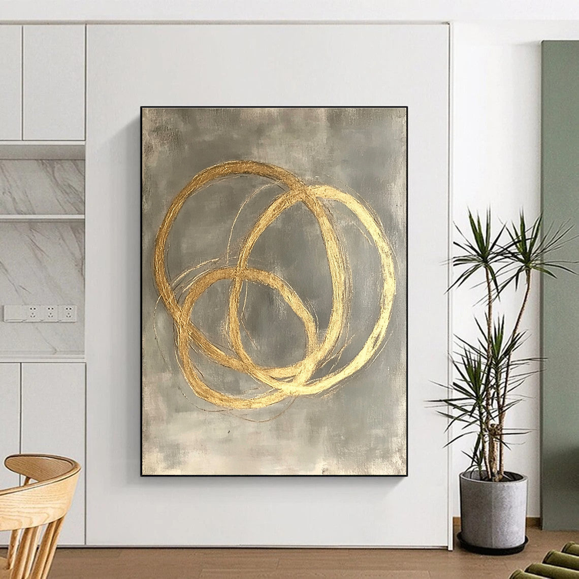 Gold Circles on Gray Abstract Painting with Elegant Overlaps WINK270