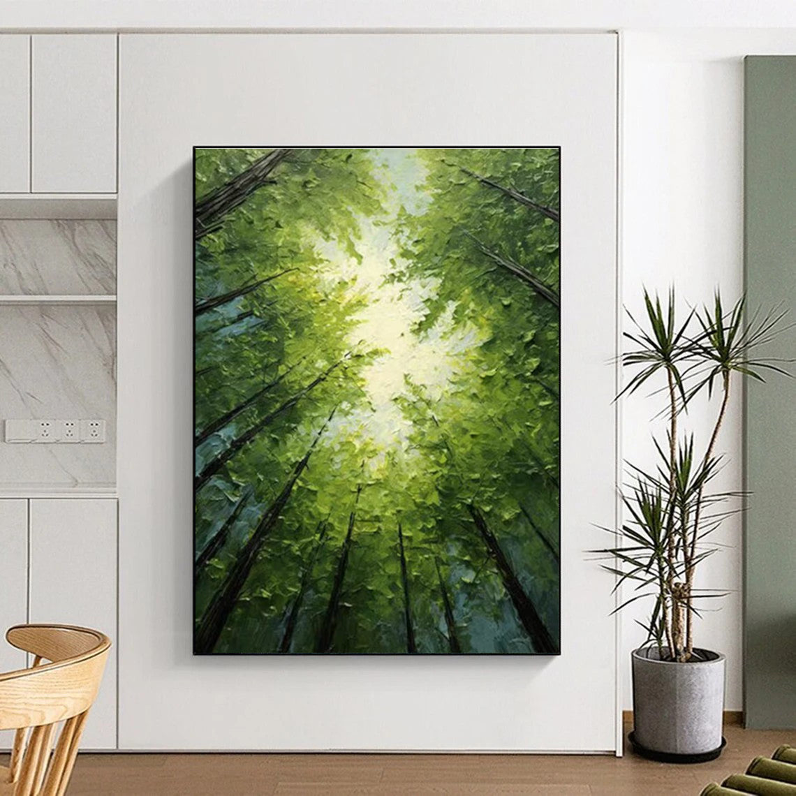 Serene Sunlit Forest Canopy Abstract Painting for Peaceful Spaces HENG266
