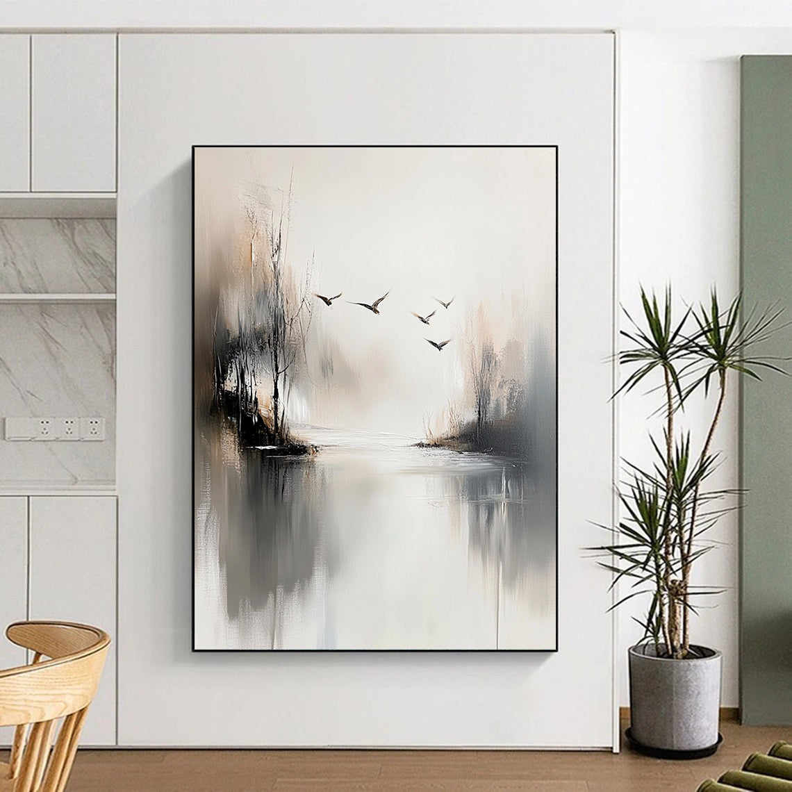 Misty Landscape with Birds Abstract Painting for Serene Meditation Spaces GAB0814