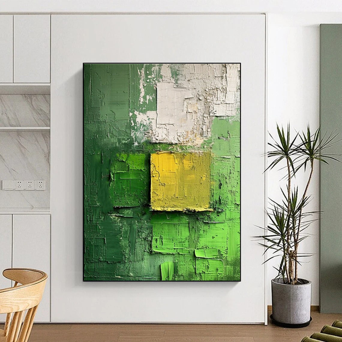Green and Yellow Textured Abstract Painting for Eco - Friendly Retail Spaces HENG029