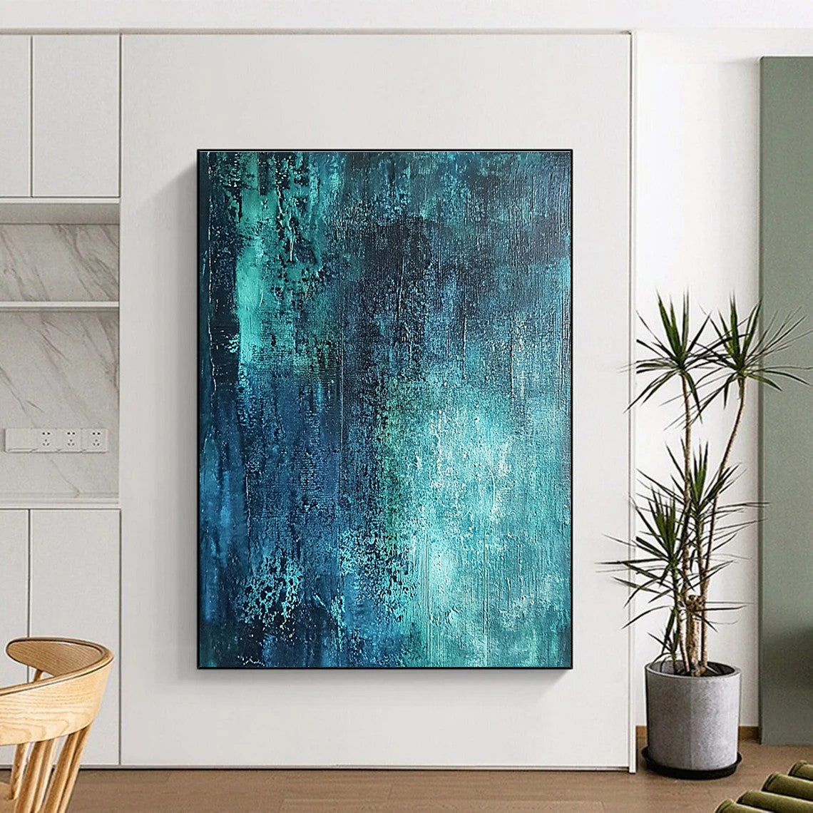 Deep Teal Textured Abstract Painting with Mysterious Depths WINK600