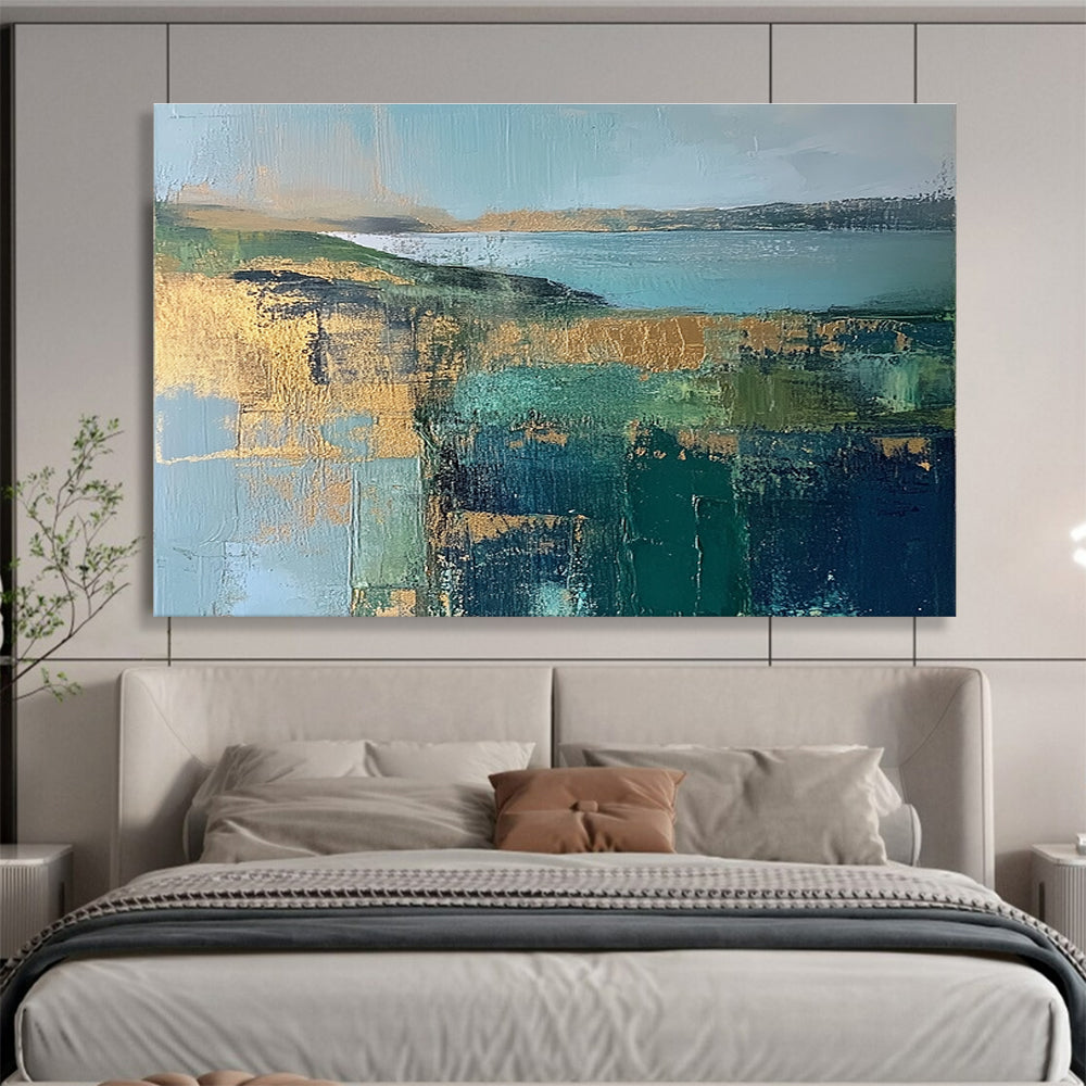 Coastal Landscape Abstract Painting with Teal and Gold ABS268