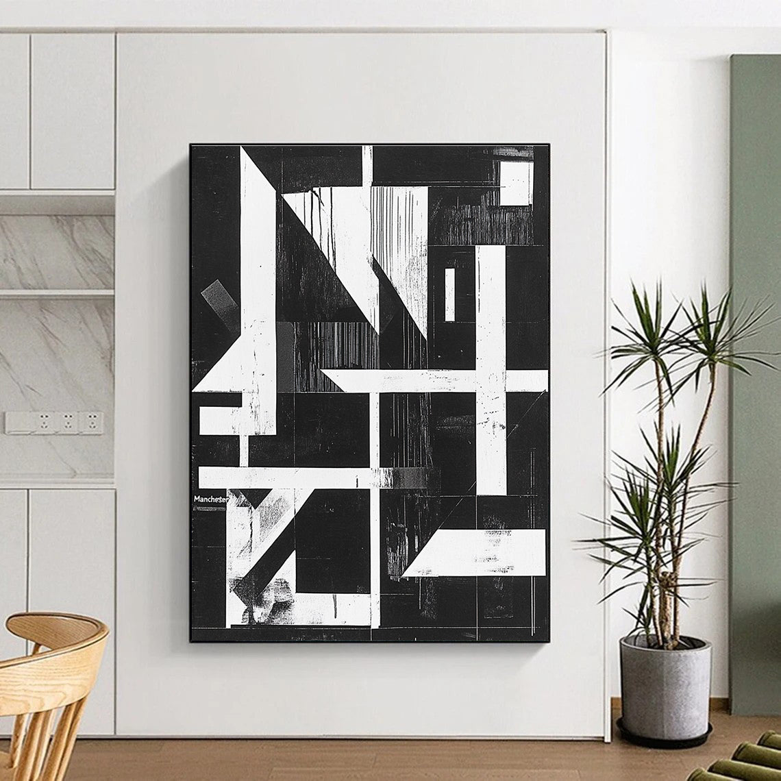 Geometric Black and White Abstract Painting with Structural Intrigue WINK145
