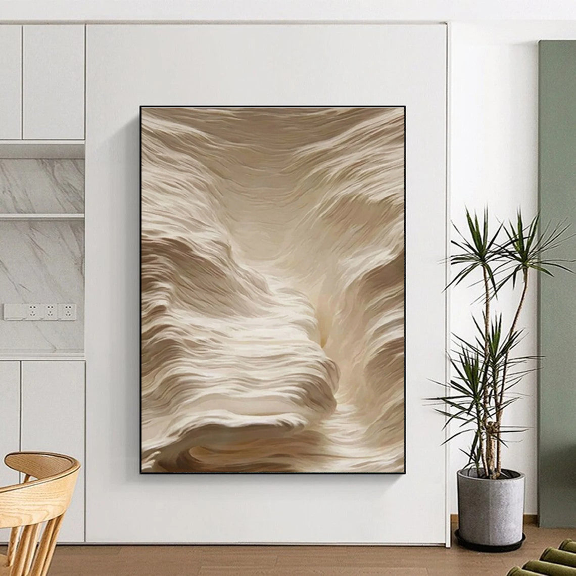Textured Beige Waves Abstract Painting for Spa Reception Areas HENG023
