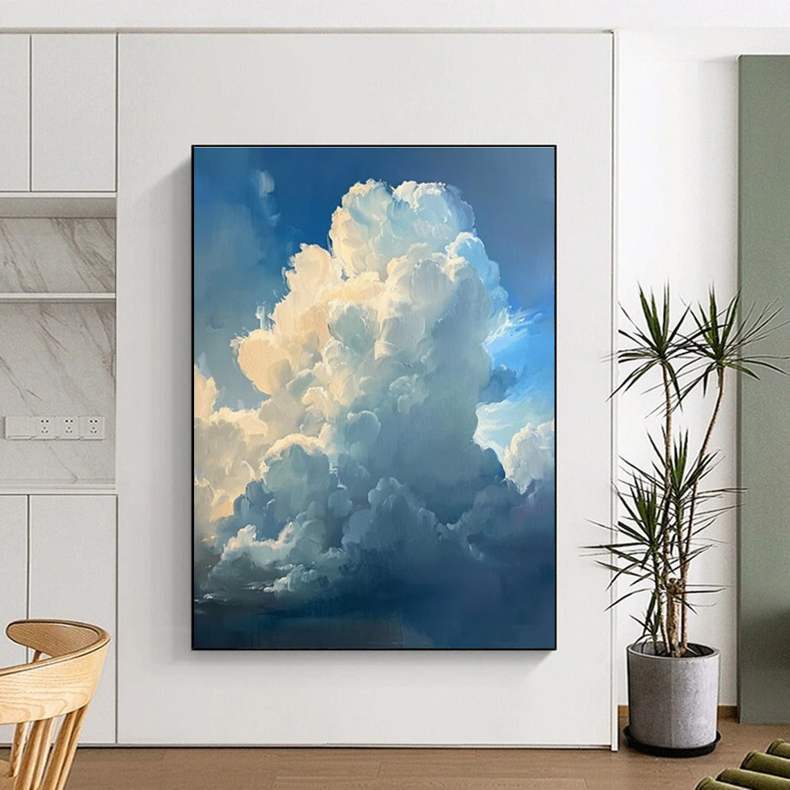 Fluffy Clouds Blue Sky Abstract Painting for Coastal Home Bedrooms HENG006