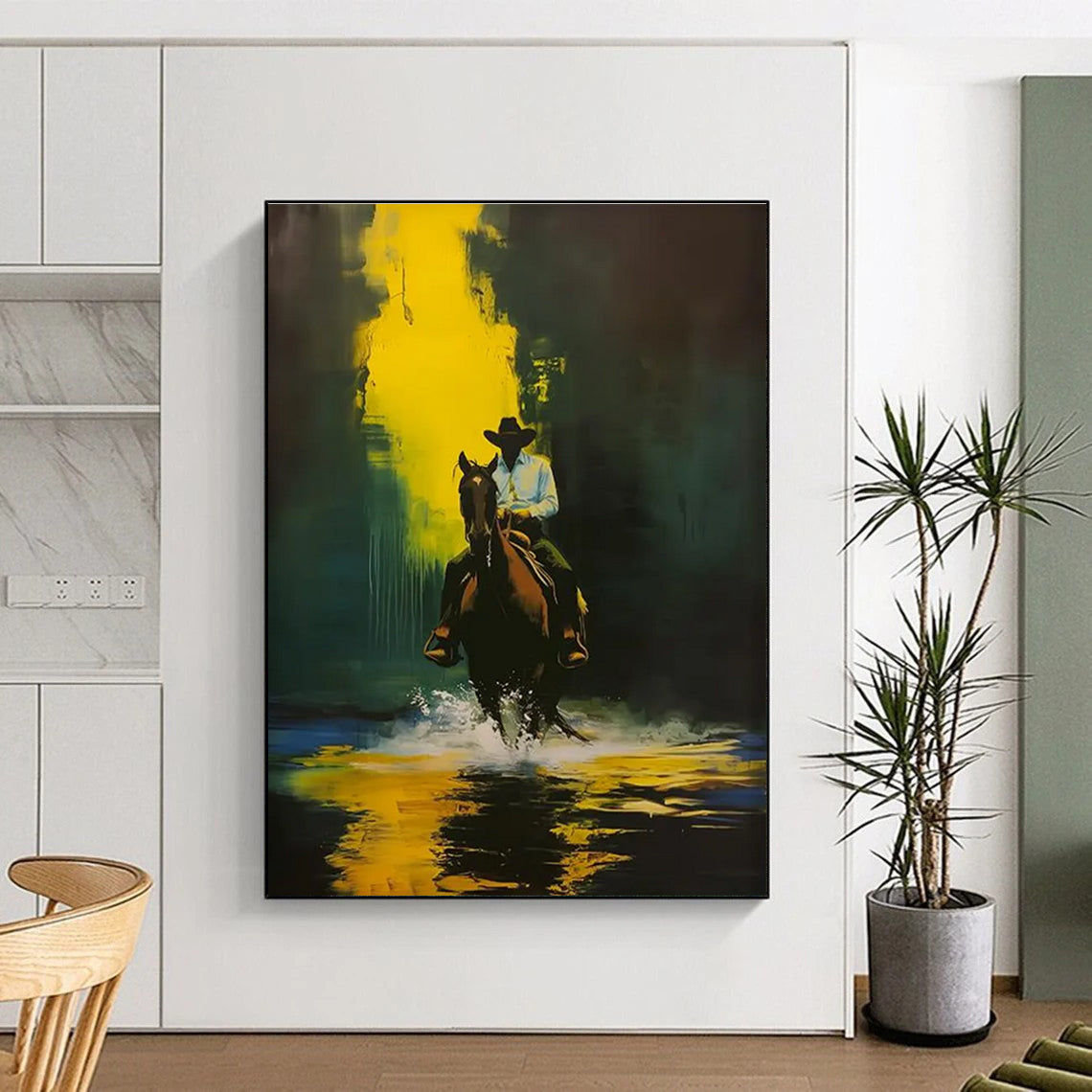 Cowboy on Horseback Abstract Painting for Rustic - Chic Lodges HENG104