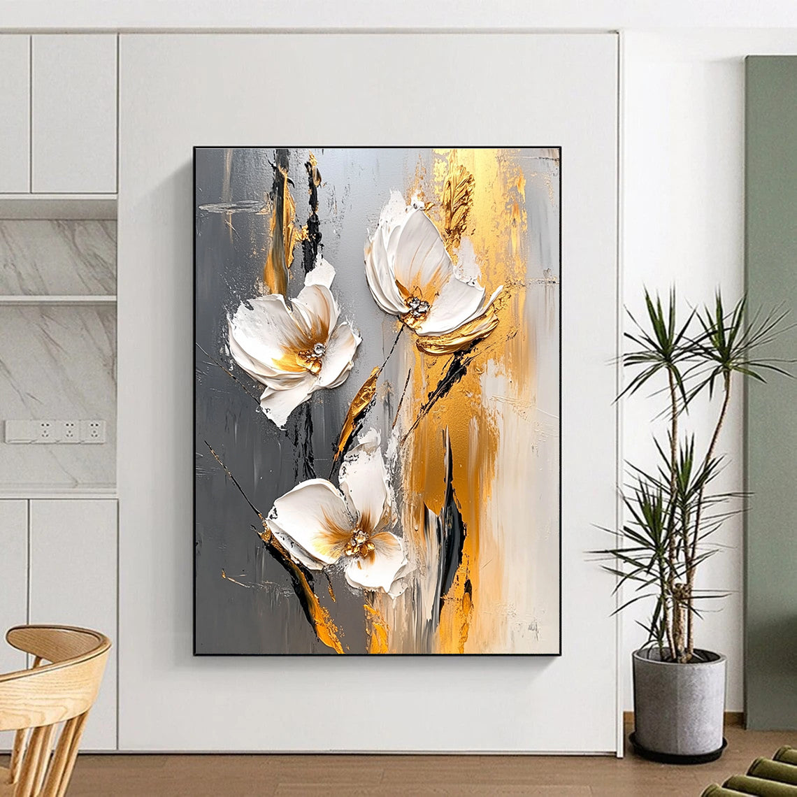 3D Gold Accent Flowers Abstract Painting for Glamorous Dining GAB0765