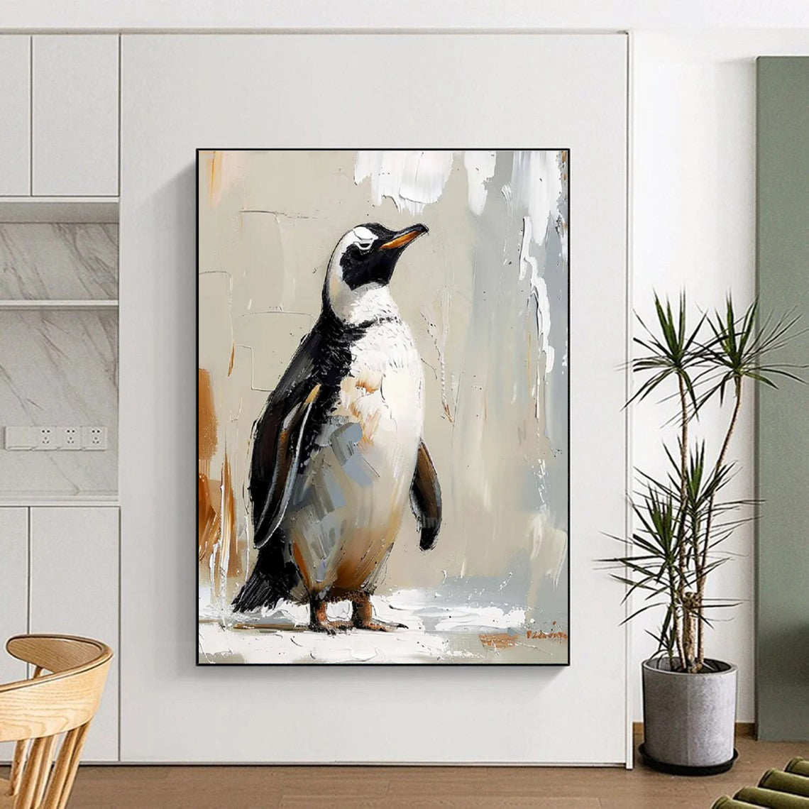Textured Penguin Portrait Abstract Painting for Playful Kids' Spaces HENG496