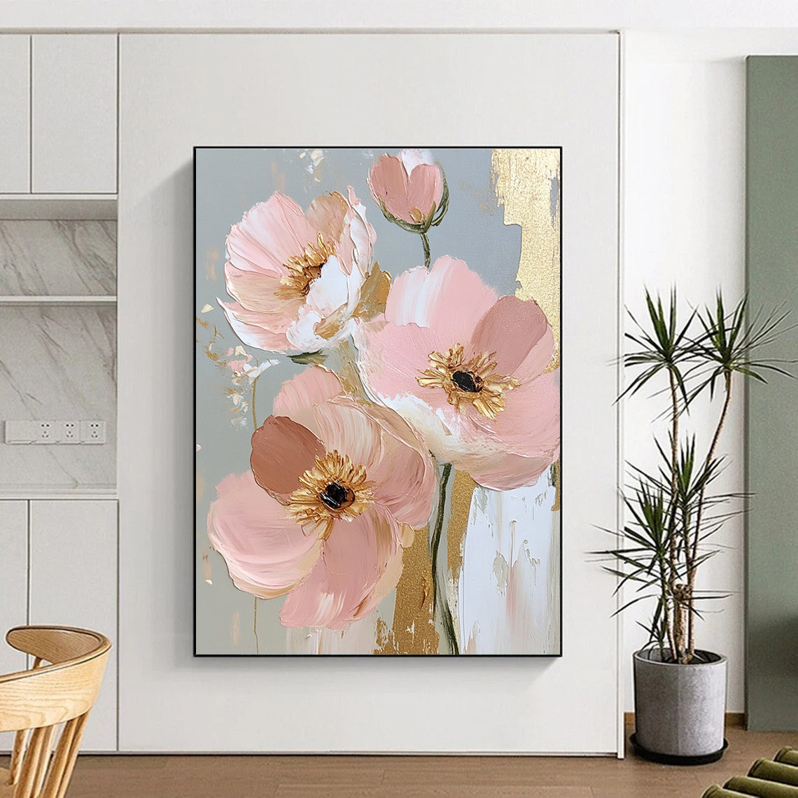 Pink Flowers with Gold Accents Elegant Abstract Painting for Sophisticated Interiors GAB1421