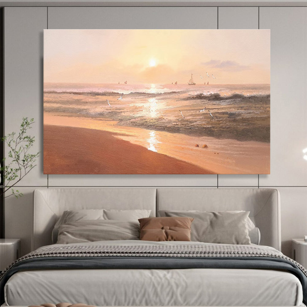 Beach Sunset with Birds Abstract Painting for Coastal Resort Lobbies YHT266