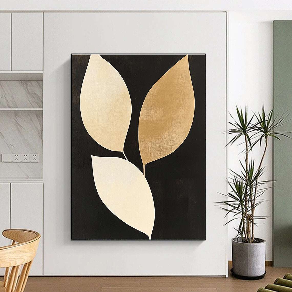 Gold and Beige Leaves Sophisticated Botanical Abstract Painting GAB0295