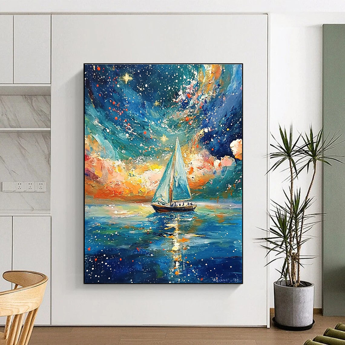 Sailboat Under Starry Sky Dreamy Maritime Abstract Painting GAB0354
