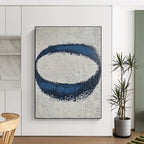 Blue Oval on Textured White Abstract Painting with Tactile Simplicity WINK024