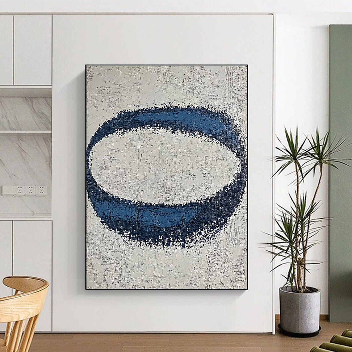 Blue Oval on Textured White Abstract Painting with Tactile Simplicity WINK024