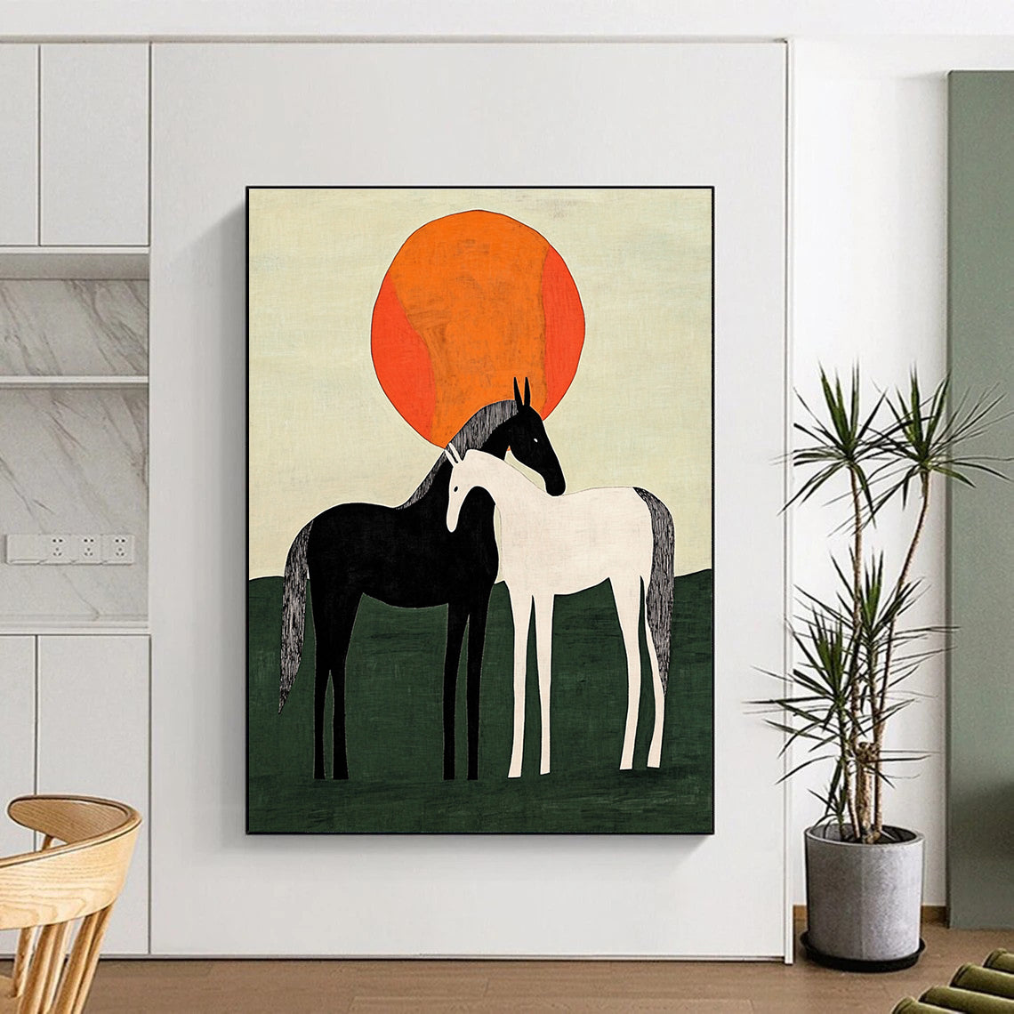 Two Horses Under Orange Sun Abstract Painting for Rustic Home Decor GAB1371