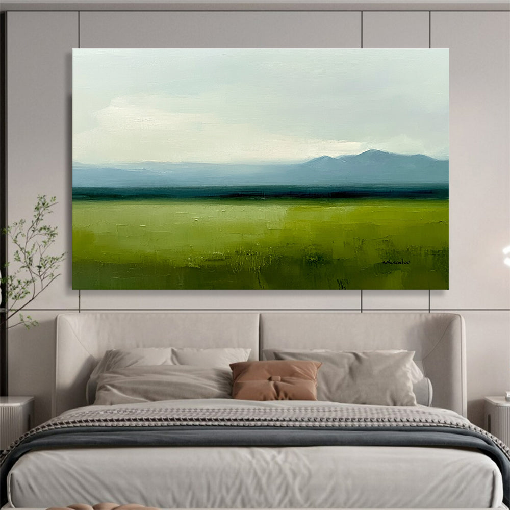 Subtle Green Landscape Painting with Calm Distant Mountains ABS567